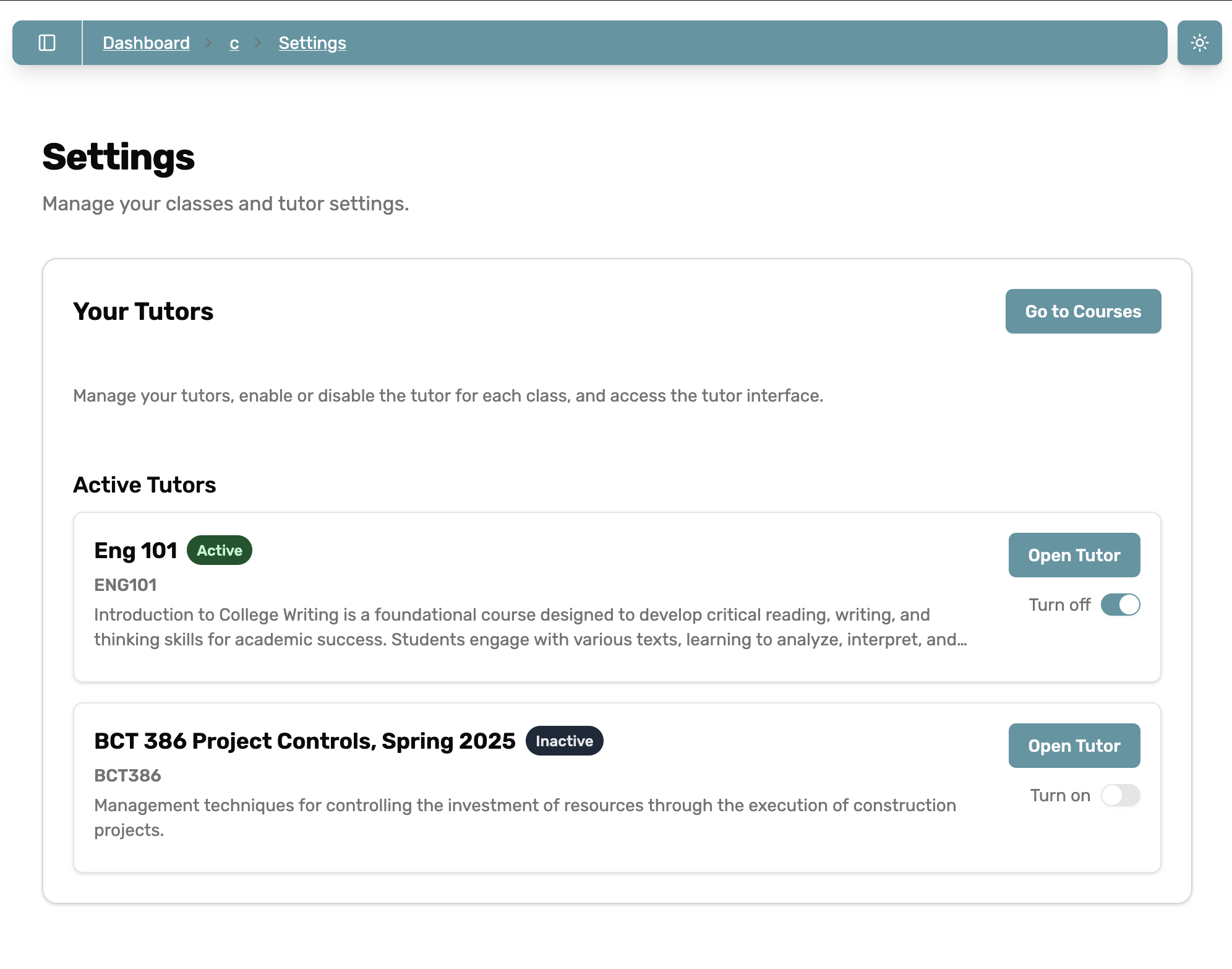 Settings page with chatbot management interface showing course list